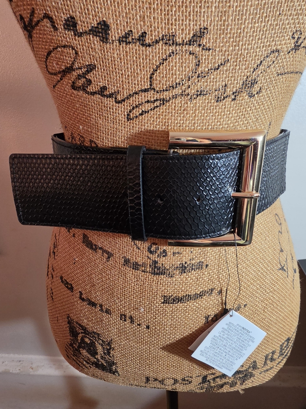 Zara Black Textured Belt with Gold Rectangular Buckle